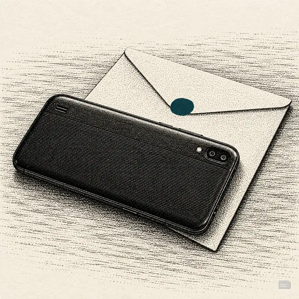 Stipple engraving of a face-down mobile phone lying on a sealed envelope